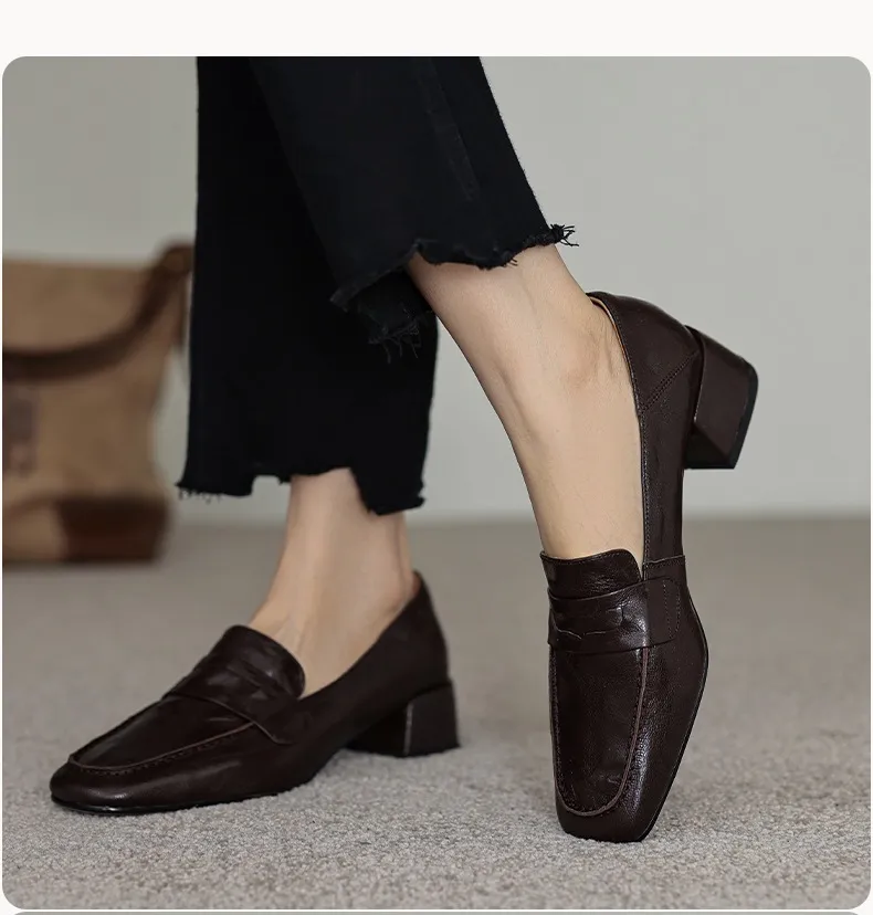 New Spring and Autumn Single Shoes, Chunky Heel, High Heel, Square Toe, Slip-on, Sheepskin, Comfortable, Fashionable Women's Shoes