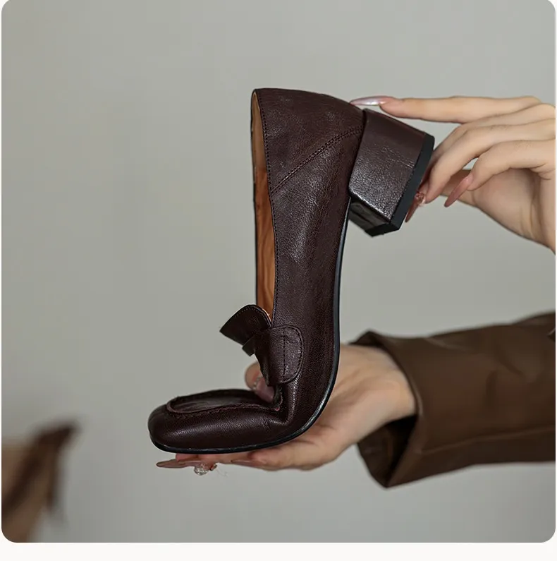 New Spring and Autumn Single Shoes, Chunky Heel, High Heel, Square Toe, Slip-on, Sheepskin, Comfortable, Fashionable Women's Shoes