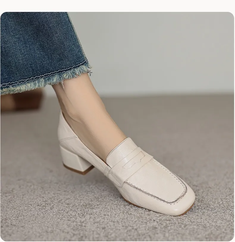 New Spring and Autumn Single Shoes, Chunky Heel, High Heel, Square Toe, Slip-on, Sheepskin, Comfortable, Fashionable Women's Shoes