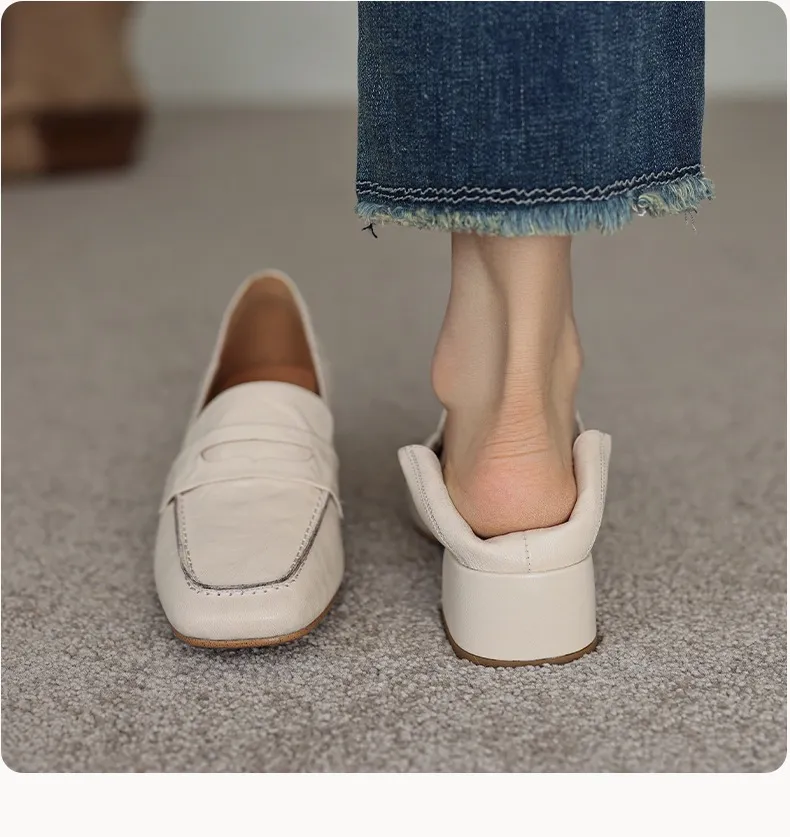 New Spring and Autumn Single Shoes, Chunky Heel, High Heel, Square Toe, Slip-on, Sheepskin, Comfortable, Fashionable Women's Shoes