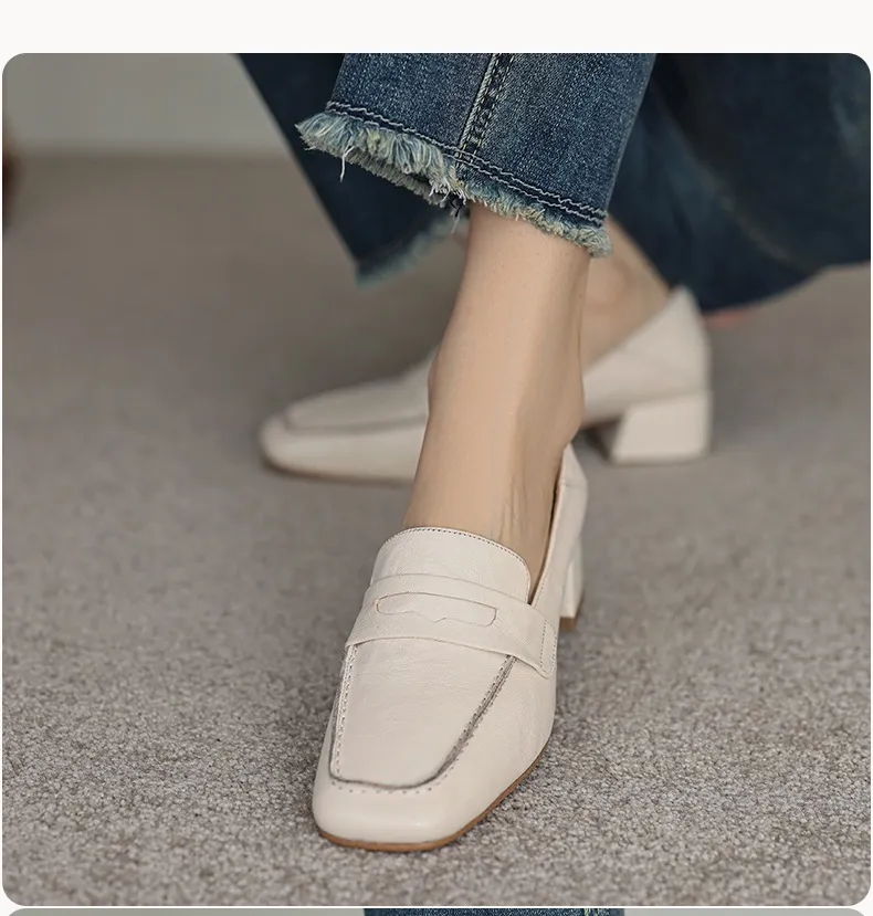 New Spring and Autumn Single Shoes, Chunky Heel, High Heel, Square Toe, Slip-on, Sheepskin, Comfortable, Fashionable Women's Shoes