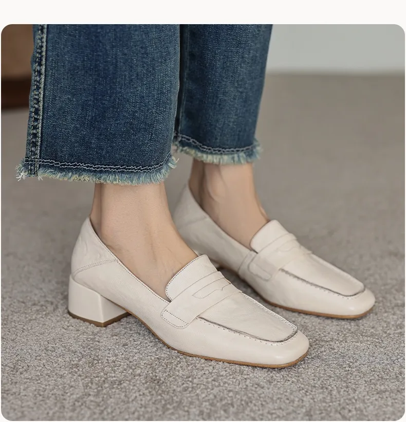 New Spring and Autumn Single Shoes, Chunky Heel, High Heel, Square Toe, Slip-on, Sheepskin, Comfortable, Fashionable Women's Shoes