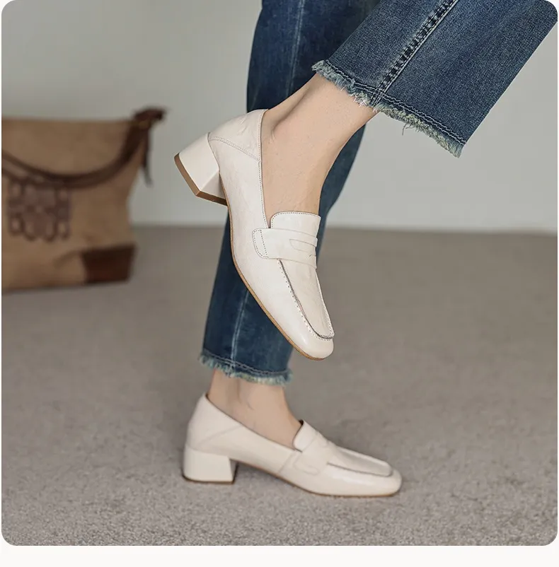 New Spring and Autumn Single Shoes, Chunky Heel, High Heel, Square Toe, Slip-on, Sheepskin, Comfortable, Fashionable Women's Shoes