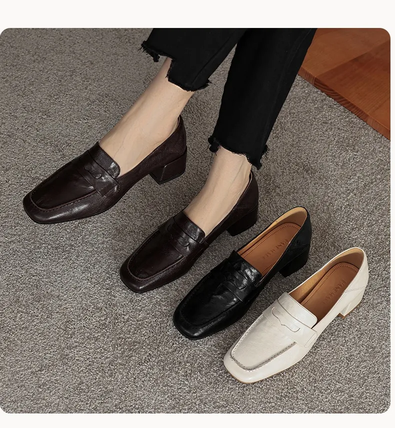 New Spring and Autumn Single Shoes, Chunky Heel, High Heel, Square Toe, Slip-on, Sheepskin, Comfortable, Fashionable Women's Shoes