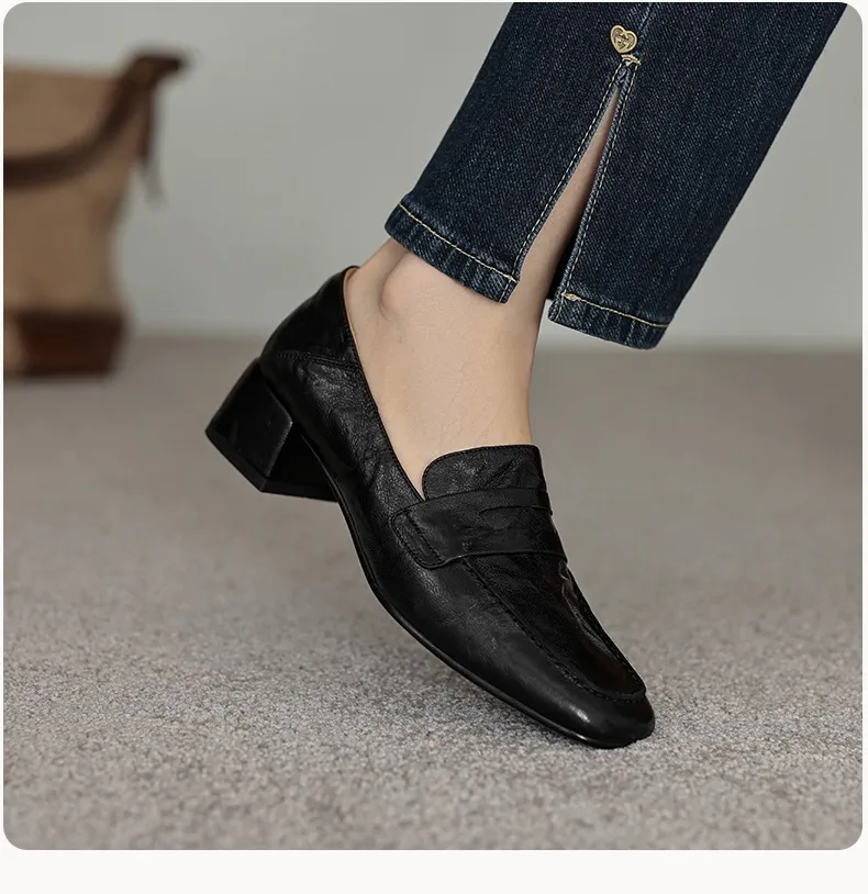 New Spring and Autumn Single Shoes, Chunky Heel, High Heel, Square Toe, Slip-on, Sheepskin, Comfortable, Fashionable Women's Shoes