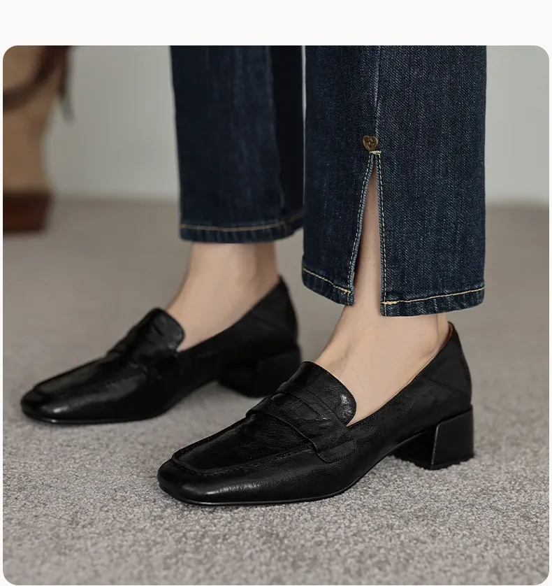 New Spring and Autumn Single Shoes, Chunky Heel, High Heel, Square Toe, Slip-on, Sheepskin, Comfortable, Fashionable Women's Shoes