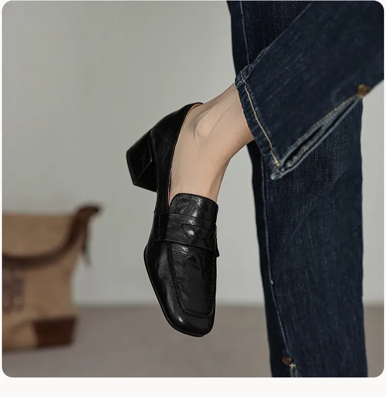 New Spring and Autumn Single Shoes, Chunky Heel, High Heel, Square Toe, Slip-on, Sheepskin, Comfortable, Fashionable Women's Shoes