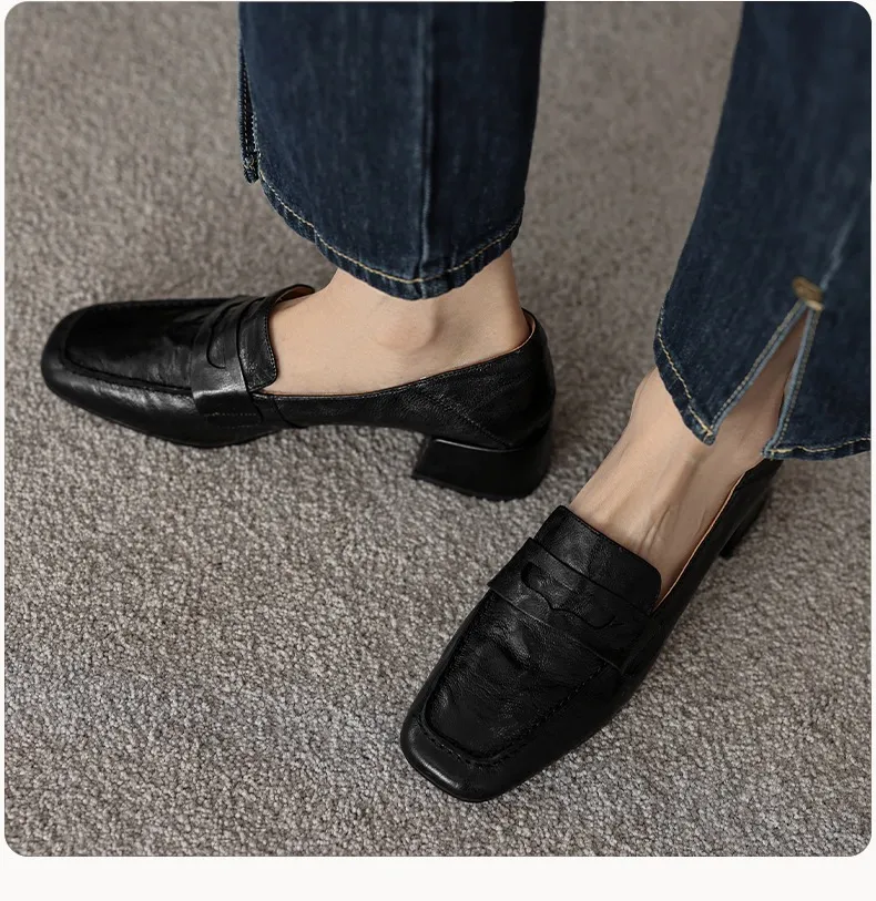 New Spring and Autumn Single Shoes, Chunky Heel, High Heel, Square Toe, Slip-on, Sheepskin, Comfortable, Fashionable Women's Shoes