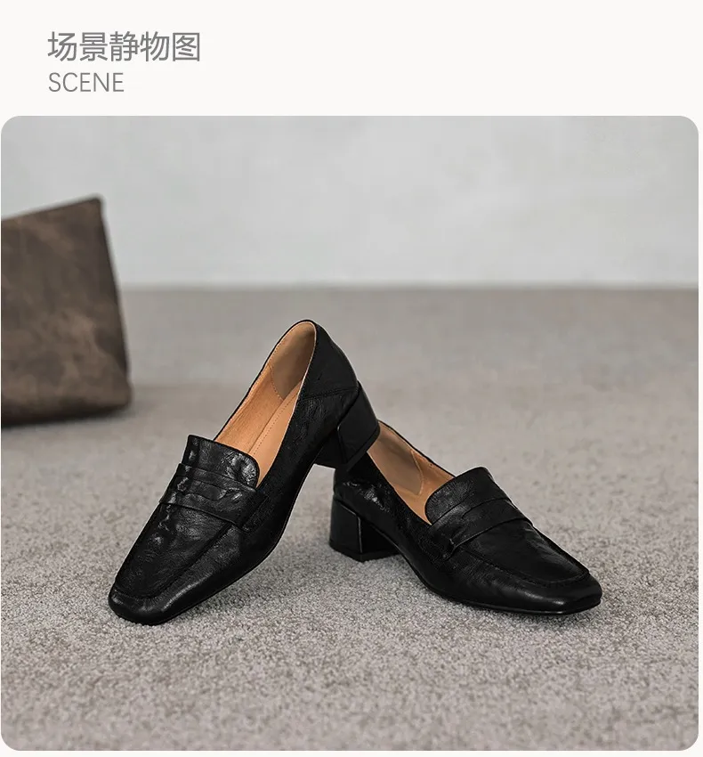 New Spring and Autumn Single Shoes, Chunky Heel, High Heel, Square Toe, Slip-on, Sheepskin, Comfortable, Fashionable Women's Shoes