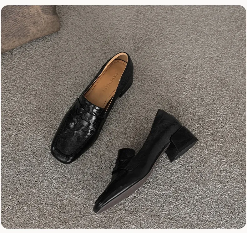 New Spring and Autumn Single Shoes, Chunky Heel, High Heel, Square Toe, Slip-on, Sheepskin, Comfortable, Fashionable Women's Shoes