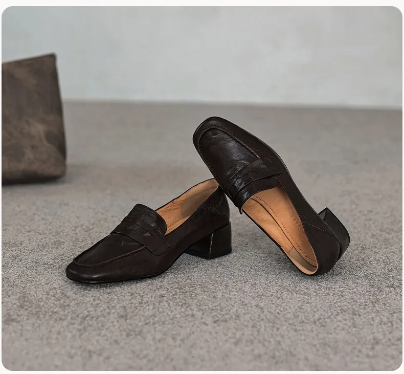 New Spring and Autumn Single Shoes, Chunky Heel, High Heel, Square Toe, Slip-on, Sheepskin, Comfortable, Fashionable Women's Shoes