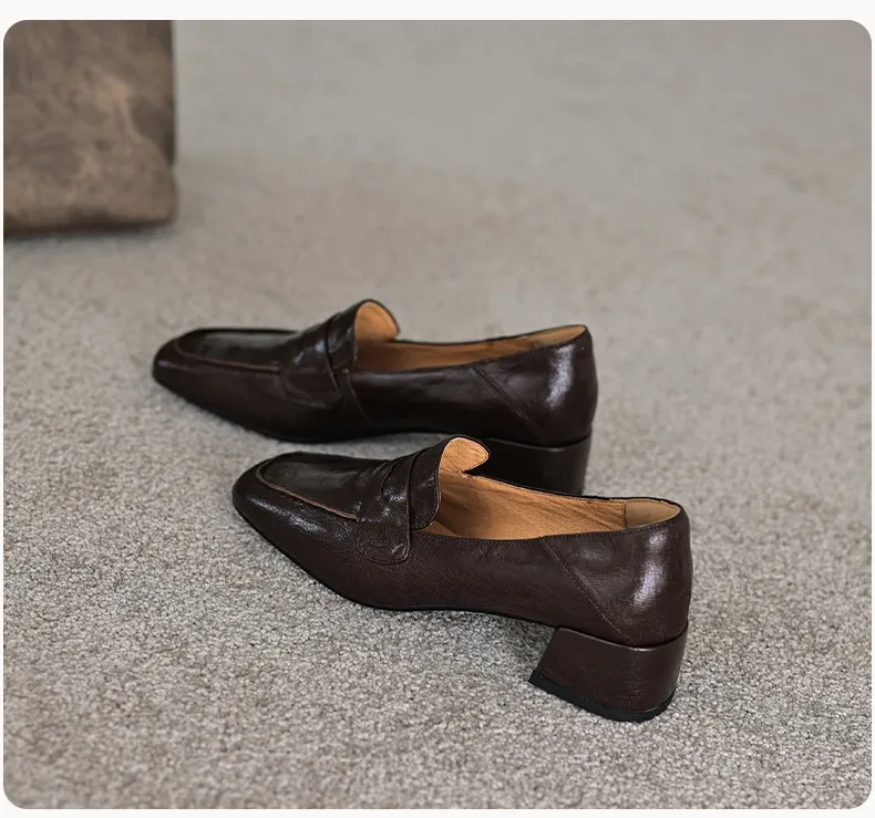 New Spring and Autumn Single Shoes, Chunky Heel, High Heel, Square Toe, Slip-on, Sheepskin, Comfortable, Fashionable Women's Shoes