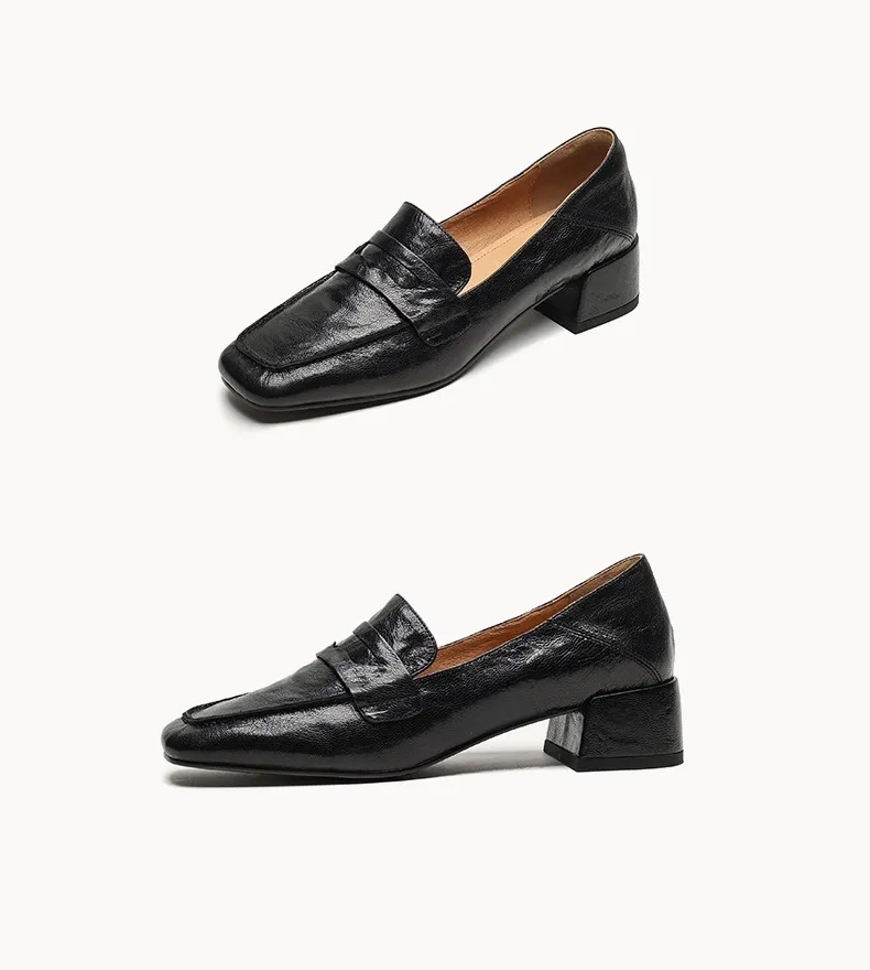 New Spring and Autumn Single Shoes, Chunky Heel, High Heel, Square Toe, Slip-on, Sheepskin, Comfortable, Fashionable Women's Shoes