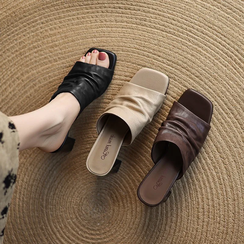 Spring/Summer Square-Toe Slippers Chunky Heel High Heels Outerwear Leather Fashion Women's Shoes