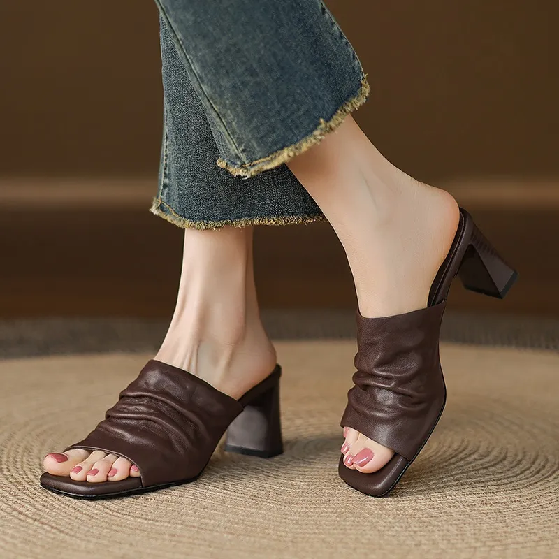 Spring/Summer Square-Toe Slippers Chunky Heel High Heels Outerwear Leather Fashion Women's Shoes