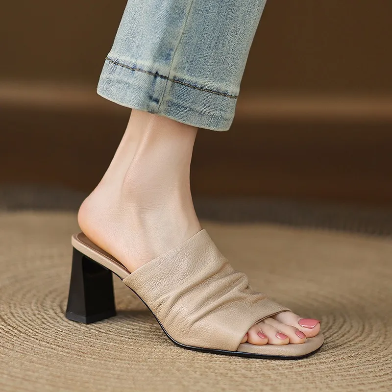 Spring/Summer Square-Toe Slippers Chunky Heel High Heels Outerwear Leather Fashion Women's Shoes