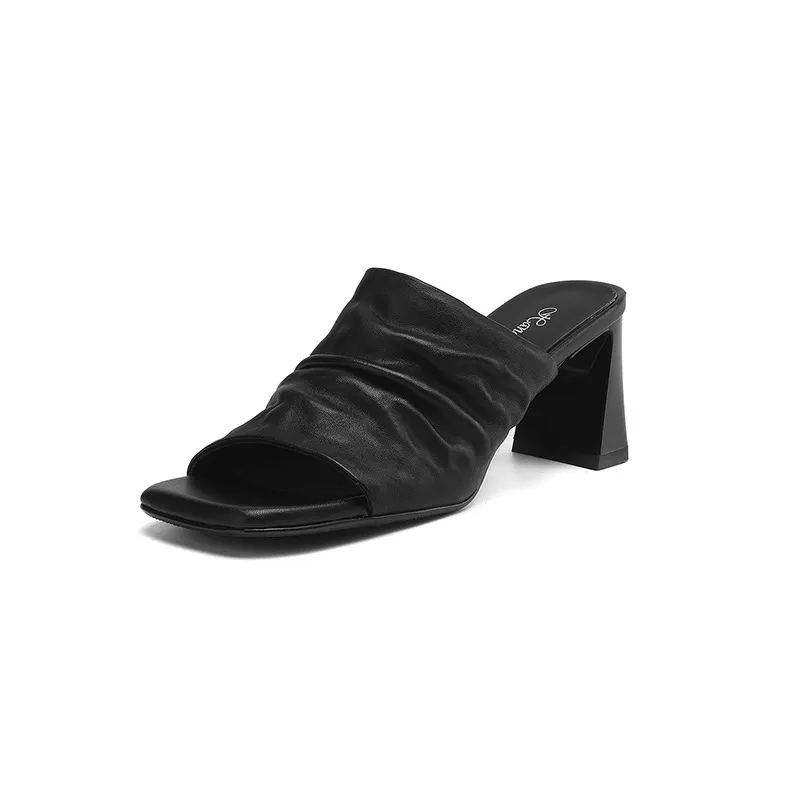 Spring/Summer Square-Toe Slippers Chunky Heel High Heels Outerwear Leather Fashion Women's Shoes
