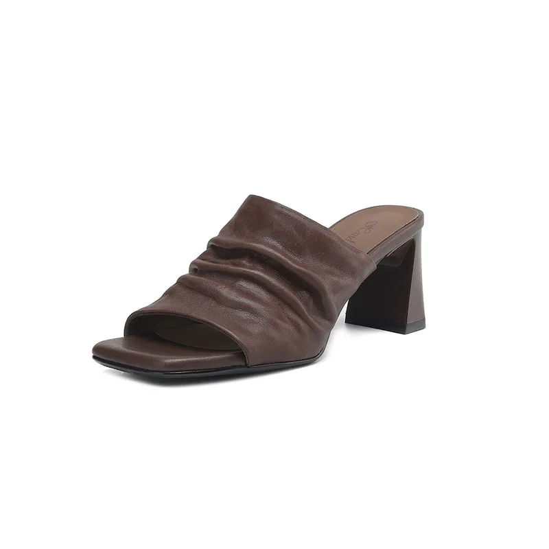 Spring/Summer Square-Toe Slippers Chunky Heel High Heels Outerwear Leather Fashion Women's Shoes