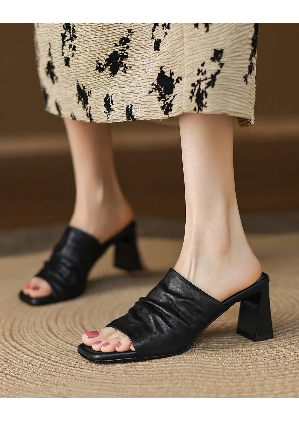 Spring/Summer Square-Toe Slippers Chunky Heel High Heels Outerwear Leather Fashion Women's Shoes