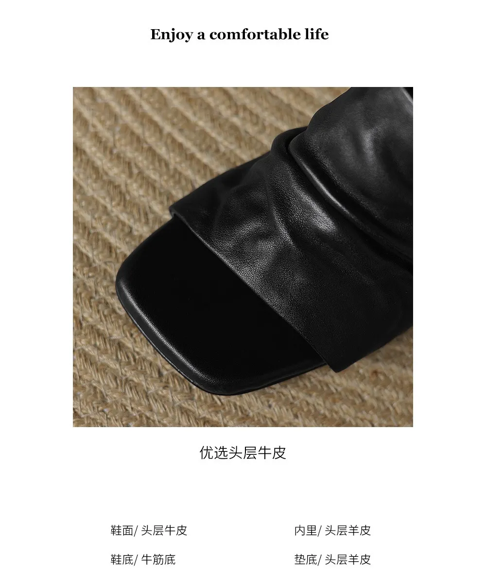 Spring/Summer Square-Toe Slippers Chunky Heel High Heels Outerwear Leather Fashion Women's Shoes