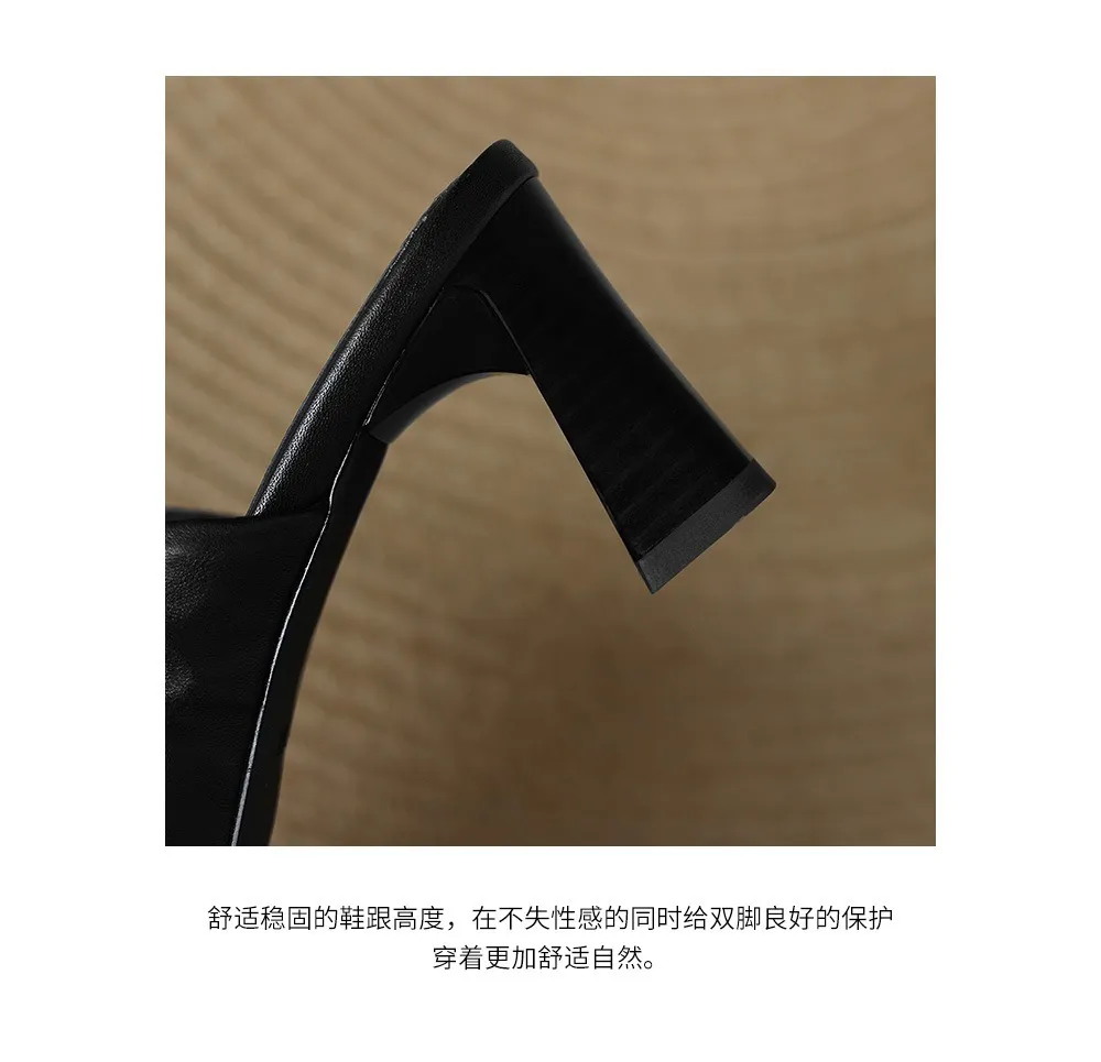 Spring/Summer Square-Toe Slippers Chunky Heel High Heels Outerwear Leather Fashion Women's Shoes