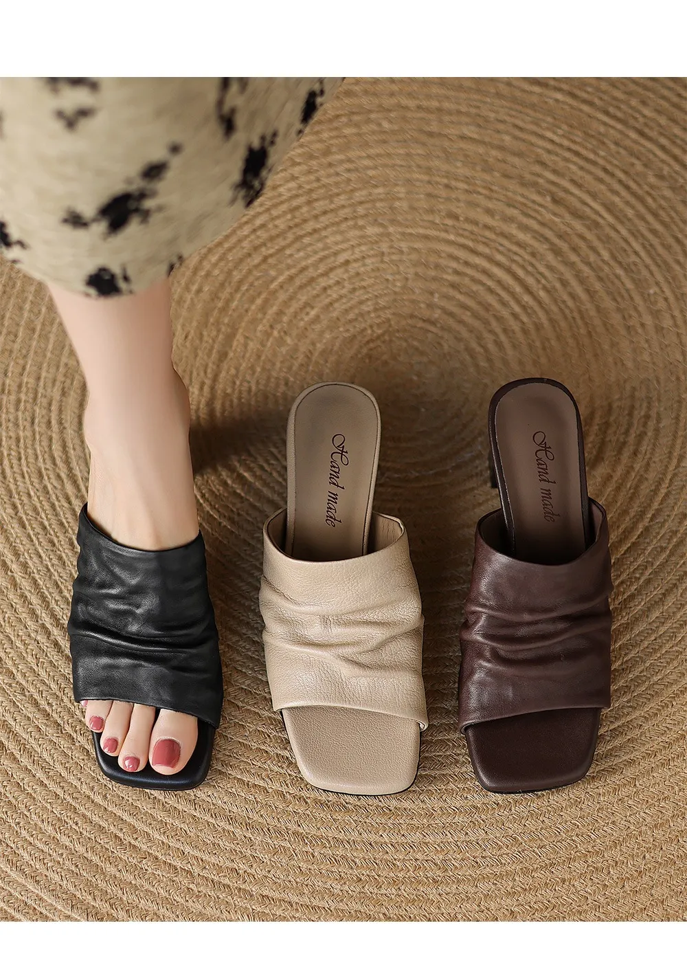 Spring/Summer Square-Toe Slippers Chunky Heel High Heels Outerwear Leather Fashion Women's Shoes