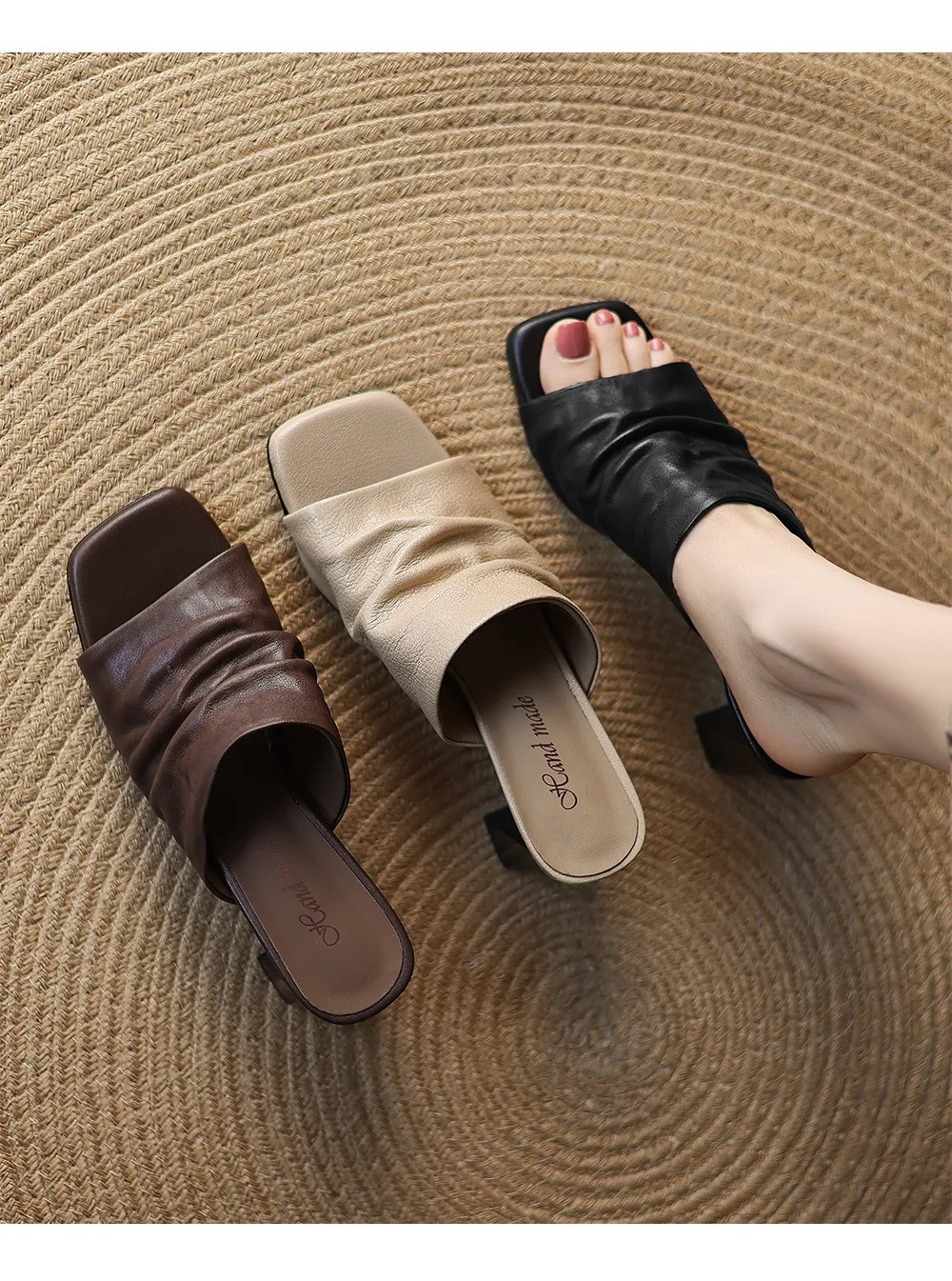 Spring/Summer Square-Toe Slippers Chunky Heel High Heels Outerwear Leather Fashion Women's Shoes