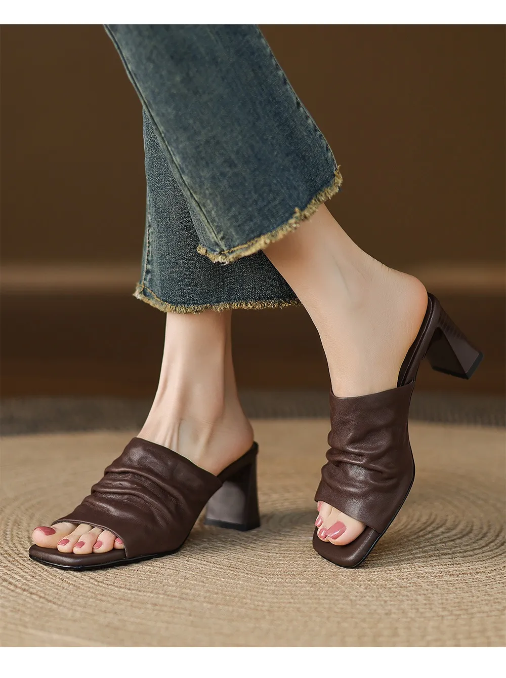 Spring/Summer Square-Toe Slippers Chunky Heel High Heels Outerwear Leather Fashion Women's Shoes