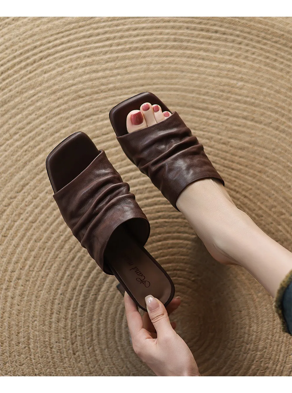 Spring/Summer Square-Toe Slippers Chunky Heel High Heels Outerwear Leather Fashion Women's Shoes