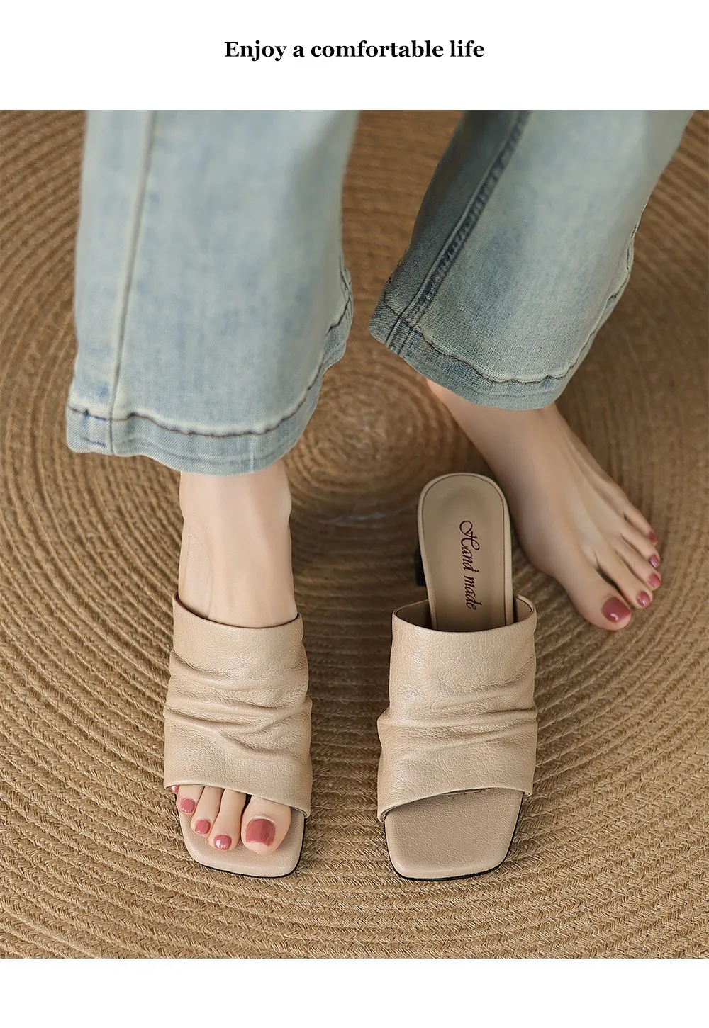 Spring/Summer Square-Toe Slippers Chunky Heel High Heels Outerwear Leather Fashion Women's Shoes