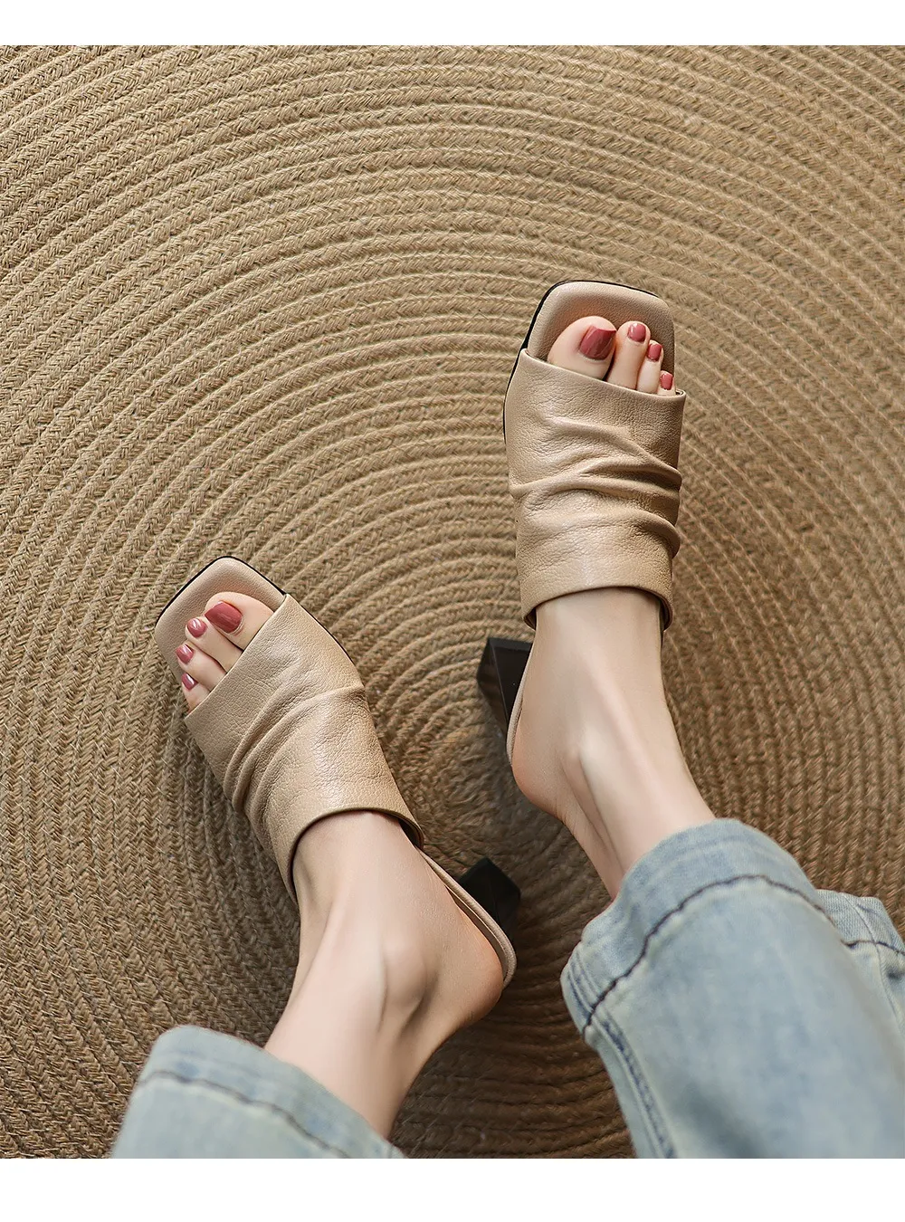 Spring/Summer Square-Toe Slippers Chunky Heel High Heels Outerwear Leather Fashion Women's Shoes