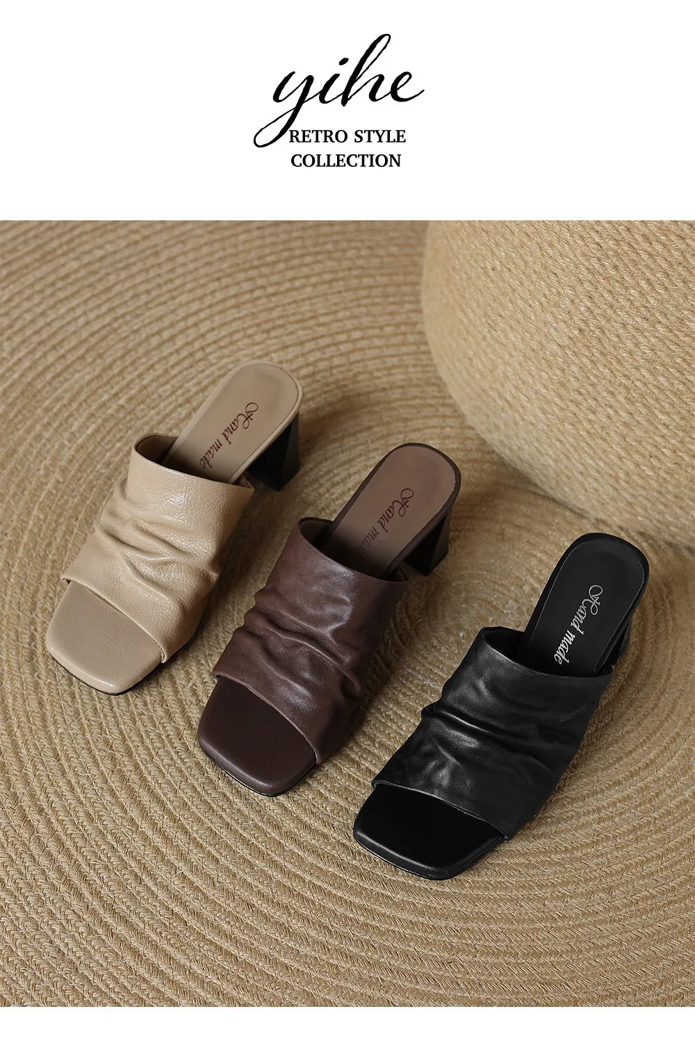 Spring/Summer Square-Toe Slippers Chunky Heel High Heels Outerwear Leather Fashion Women's Shoes