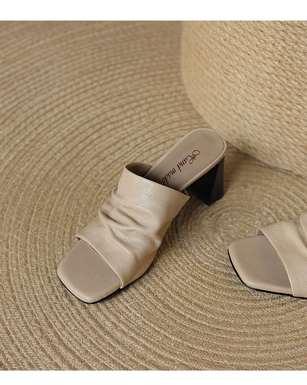 Spring/Summer Square-Toe Slippers Chunky Heel High Heels Outerwear Leather Fashion Women's Shoes