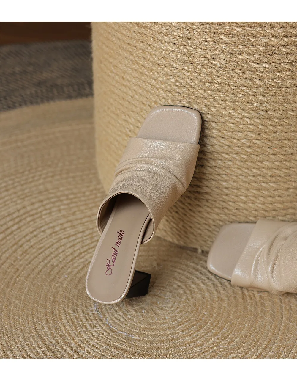 Spring/Summer Square-Toe Slippers Chunky Heel High Heels Outerwear Leather Fashion Women's Shoes