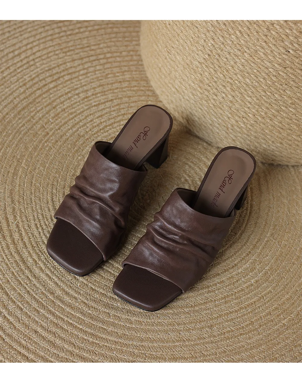Spring/Summer Square-Toe Slippers Chunky Heel High Heels Outerwear Leather Fashion Women's Shoes