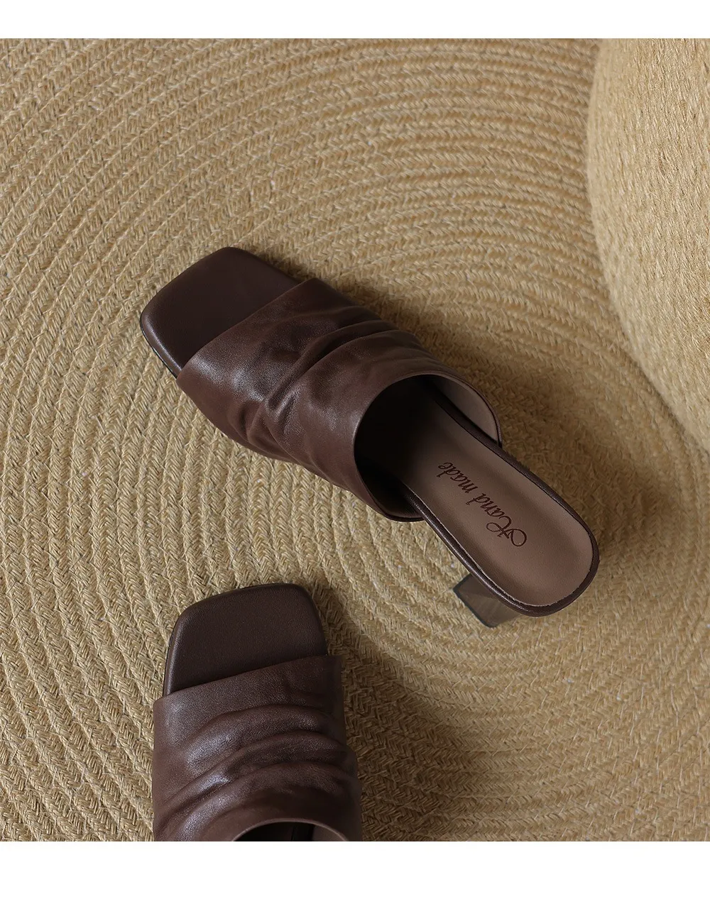 Spring/Summer Square-Toe Slippers Chunky Heel High Heels Outerwear Leather Fashion Women's Shoes