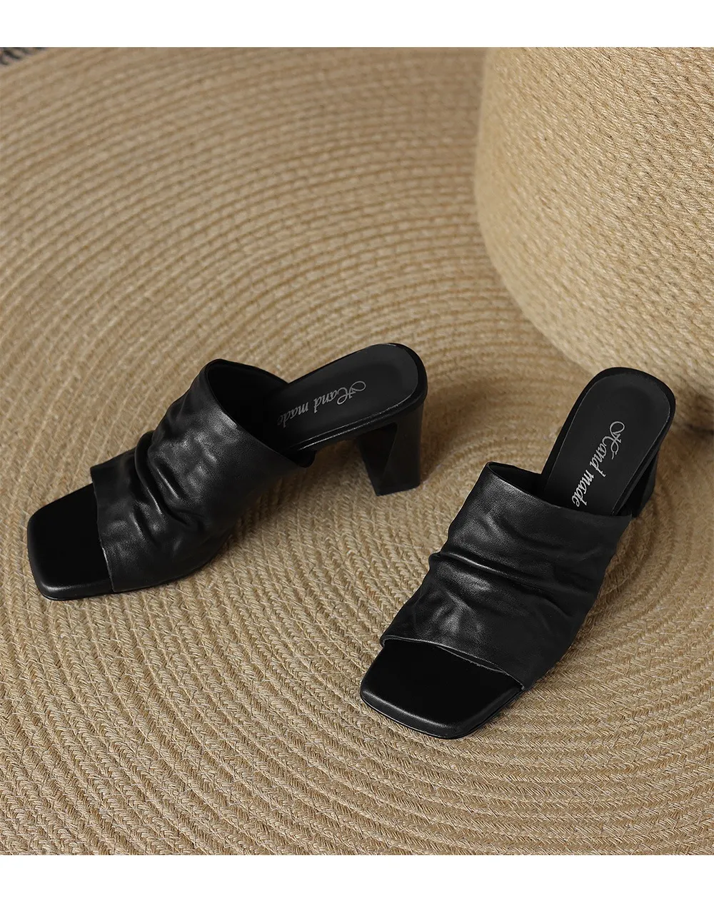 Spring/Summer Square-Toe Slippers Chunky Heel High Heels Outerwear Leather Fashion Women's Shoes