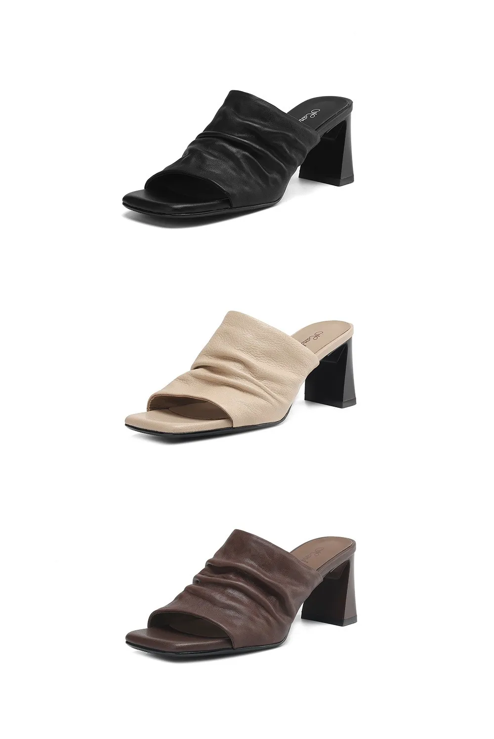 Spring/Summer Square-Toe Slippers Chunky Heel High Heels Outerwear Leather Fashion Women's Shoes