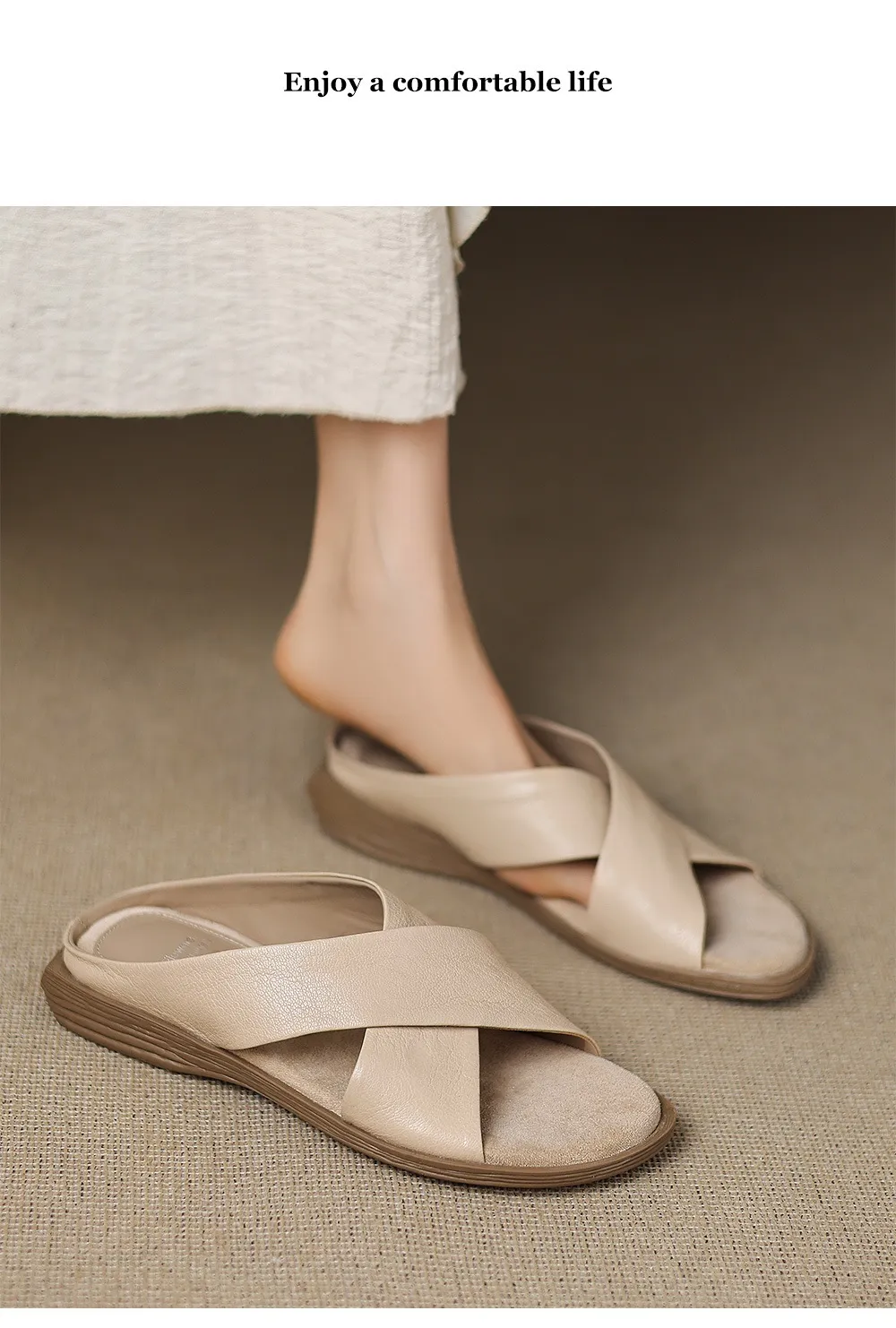Spring/Summer Round Toe Flat Slippers, High-Quality Cowhide Leather, Sweat-Absorbing, Fashionable Women's Shoes in 3 Colors