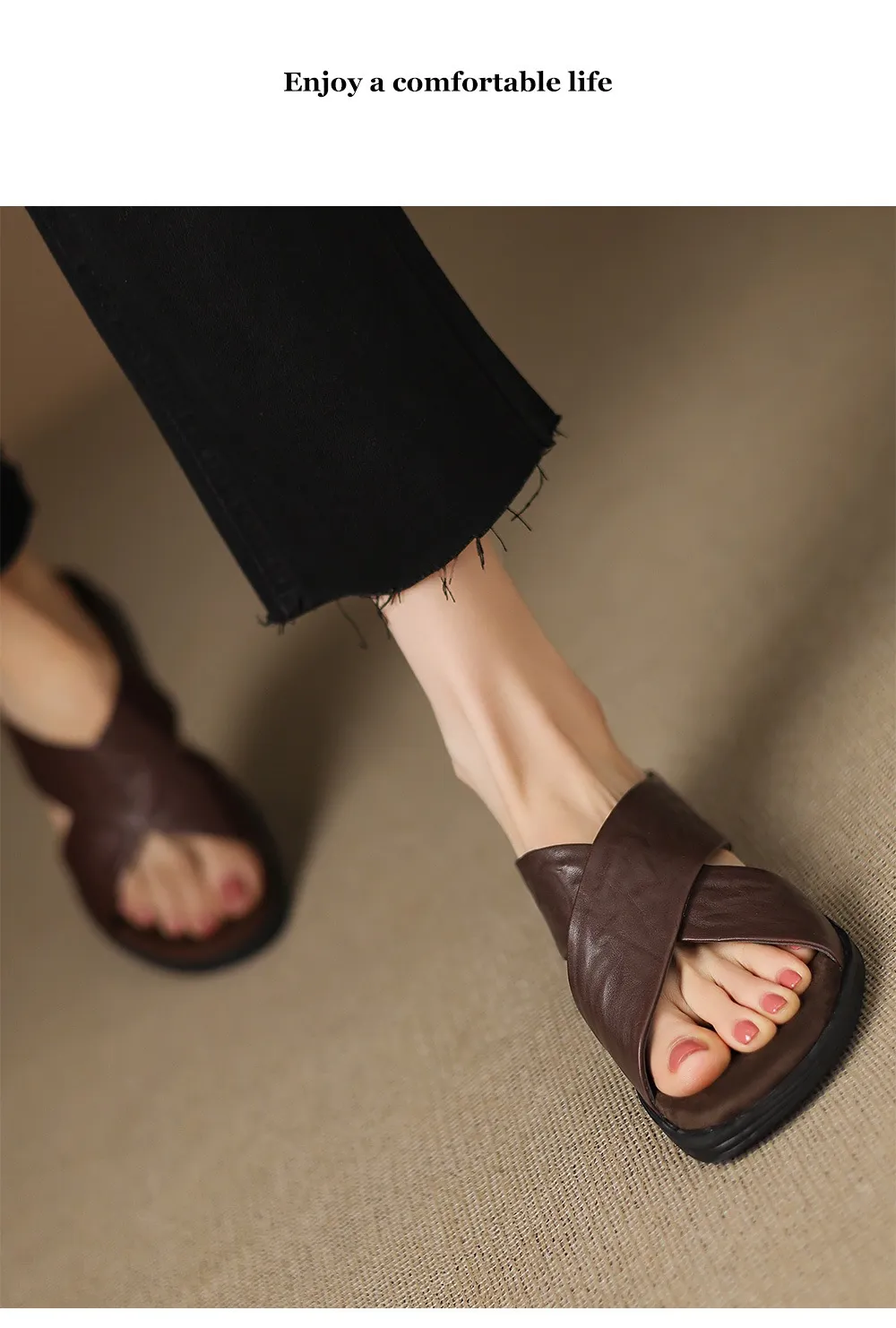 Spring/Summer Round Toe Flat Slippers, High-Quality Cowhide Leather, Sweat-Absorbing, Fashionable Women's Shoes in 3 Colors