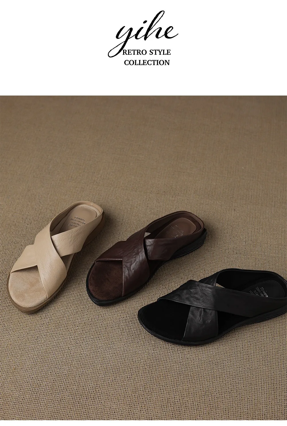 Spring/Summer Round Toe Flat Slippers, High-Quality Cowhide Leather, Sweat-Absorbing, Fashionable Women's Shoes in 3 Colors