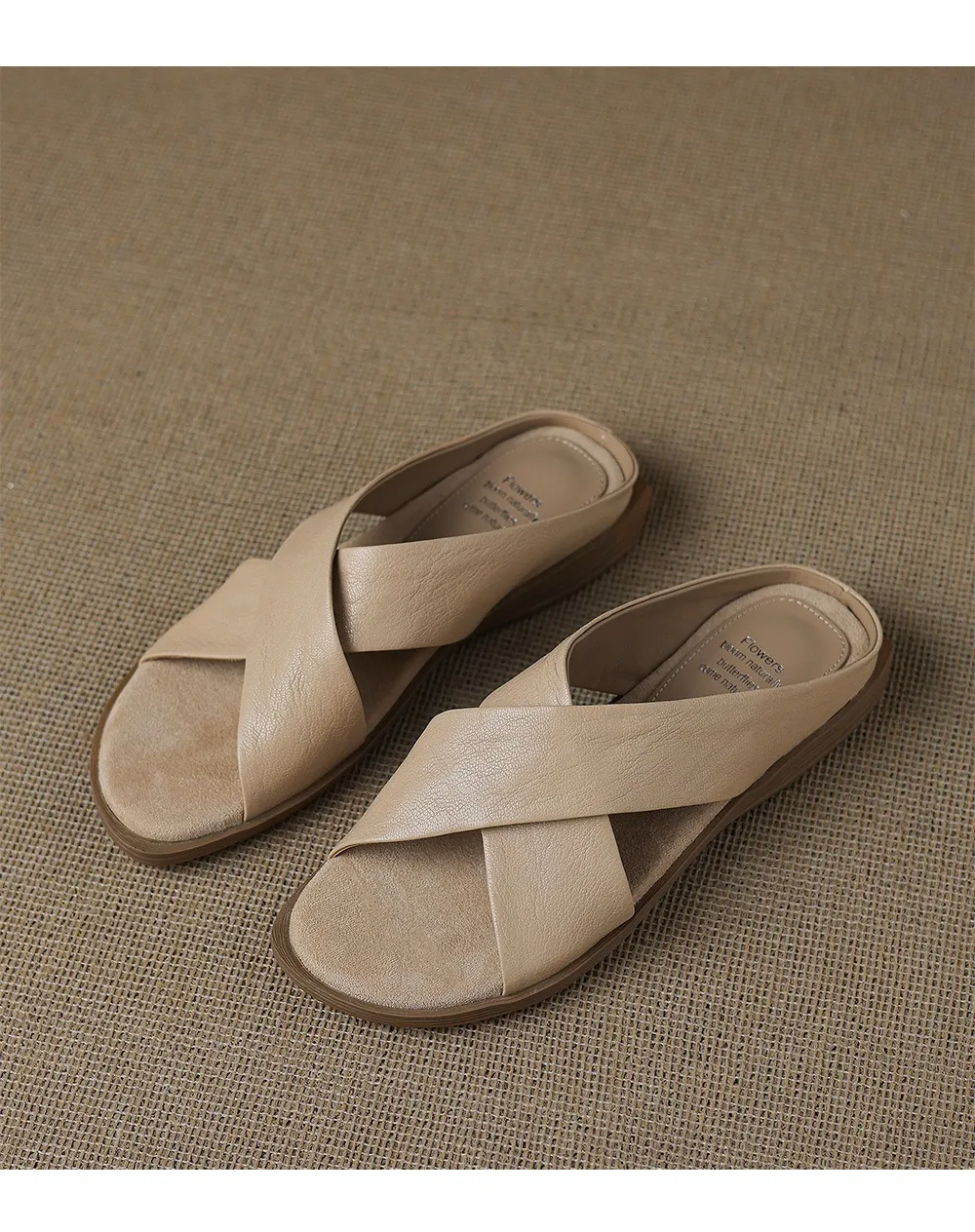 Spring/Summer Round Toe Flat Slippers, High-Quality Cowhide Leather, Sweat-Absorbing, Fashionable Women's Shoes in 3 Colors