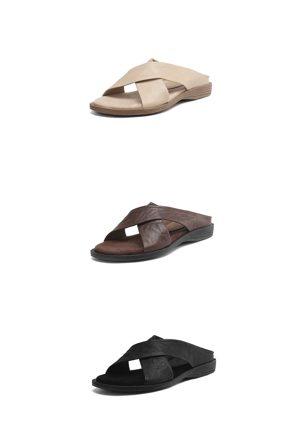 Spring/Summer Round Toe Flat Slippers, High-Quality Cowhide Leather, Sweat-Absorbing, Fashionable Women's Shoes in 3 Colors