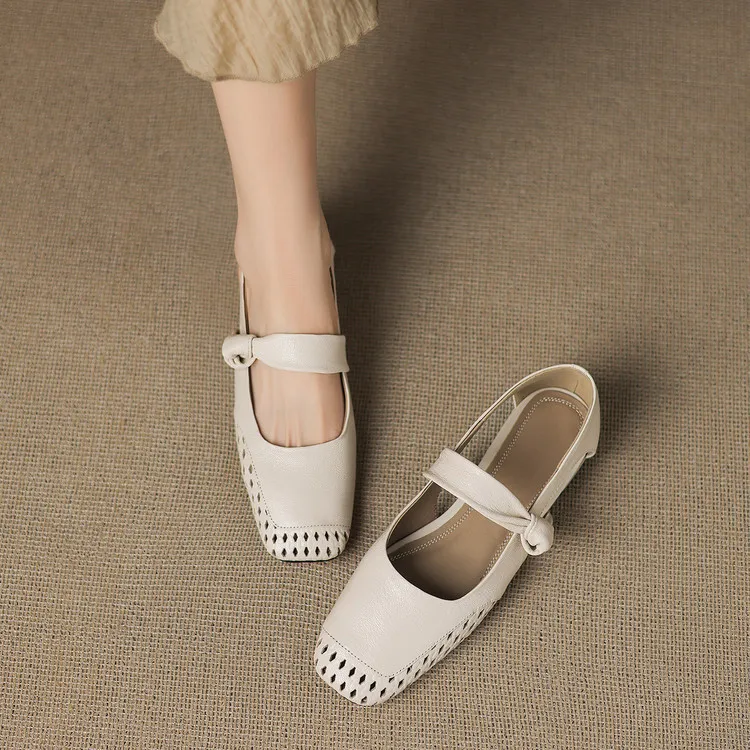 Sheepskin 2cm low heel hollow openwork women's shoes spring and summer square toe single shoes, sizes 34-40 chunky heel 5-26J