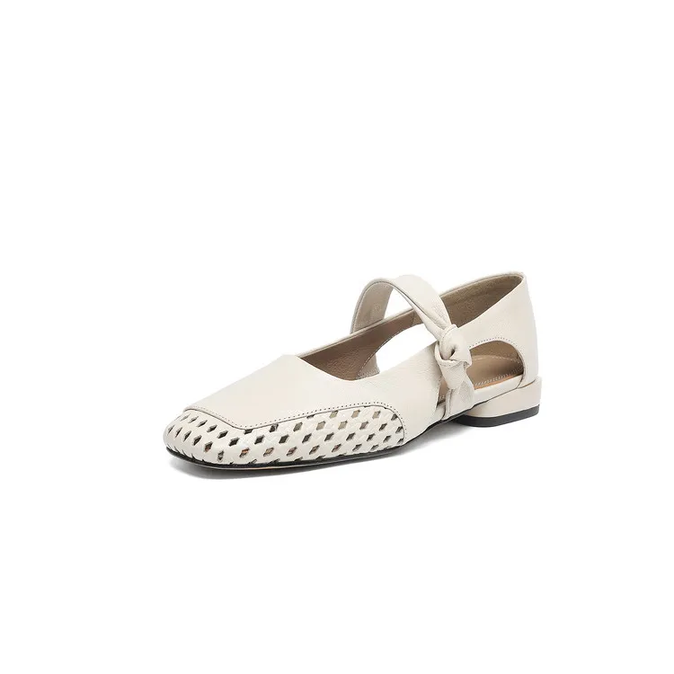 Sheepskin 2cm low heel hollow openwork women's shoes spring and summer square toe single shoes, sizes 34-40 chunky heel 5-26J