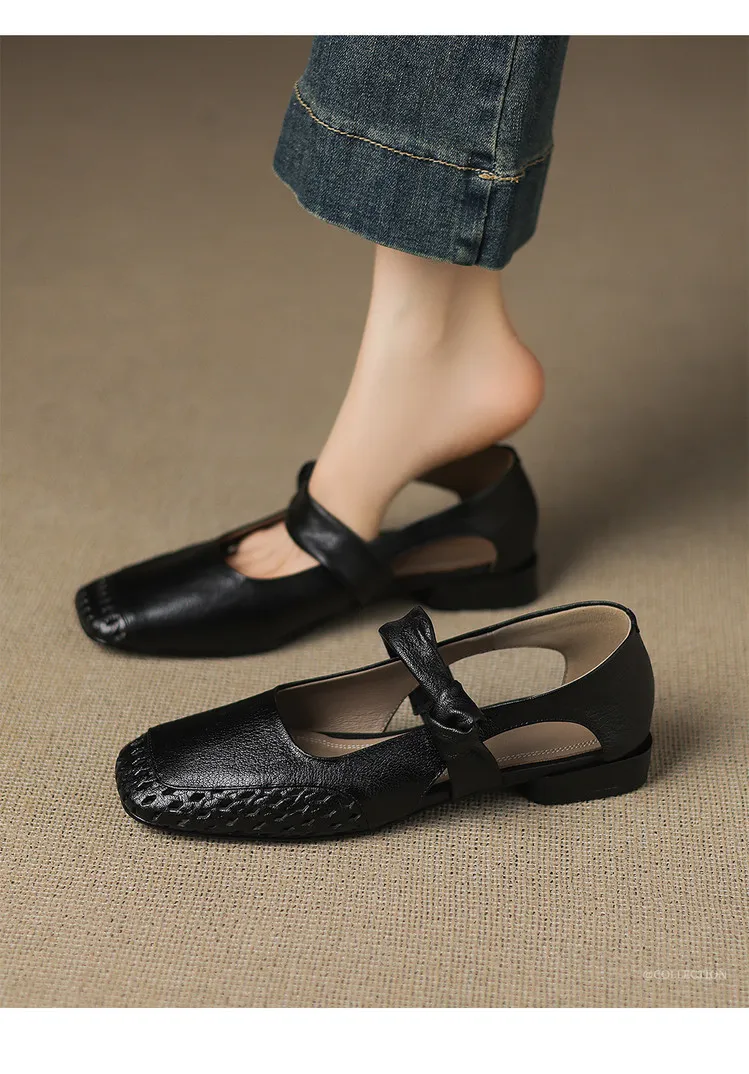 Sheepskin 2cm low heel hollow openwork women's shoes spring and summer square toe single shoes, sizes 34-40 chunky heel 5-26J
