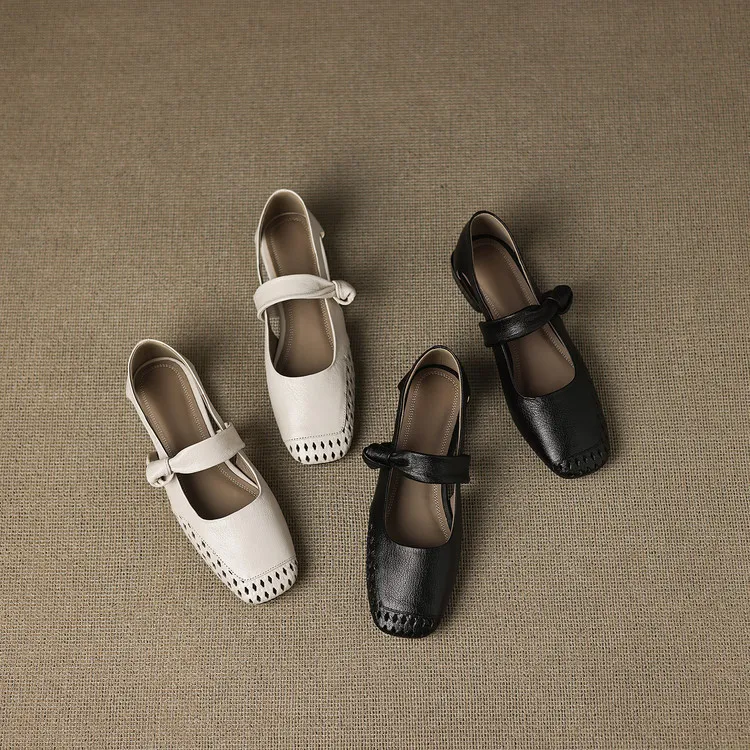 Sheepskin 2cm low heel hollow openwork women's shoes spring and summer square toe single shoes, sizes 34-40 chunky heel 5-26J