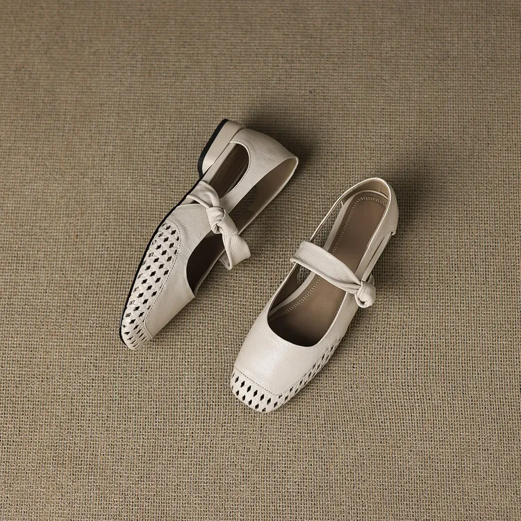 Sheepskin 2cm low heel hollow openwork women's shoes spring and summer square toe single shoes, sizes 34-40 chunky heel 5-26J