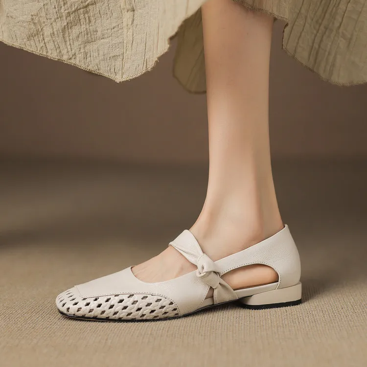 Sheepskin 2cm low heel hollow openwork women's shoes spring and summer square toe single shoes, sizes 34-40 chunky heel 5-26J