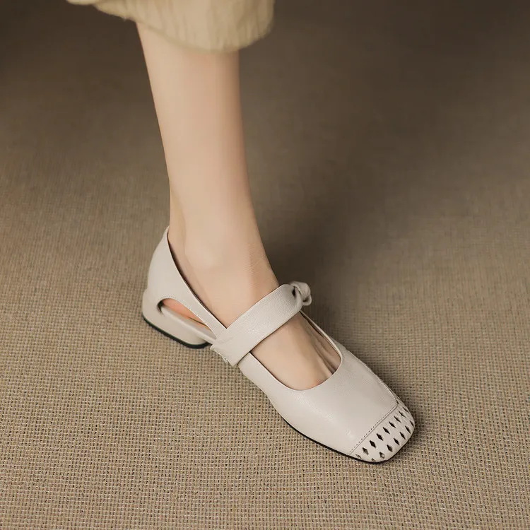 Sheepskin 2cm low heel hollow openwork women's shoes spring and summer square toe single shoes, sizes 34-40 chunky heel 5-26J